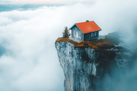 Lonely house with a red roof perched on the edge of a high cliff above the cloudsの素材