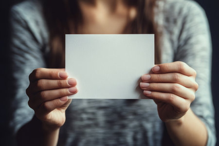 Woman in a cozy sweater holding a blank white card with both handsの素材