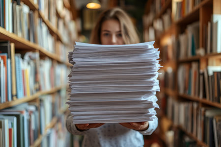 Woman struggling to hold a massive stack of documents in front of a bookshelfの素材