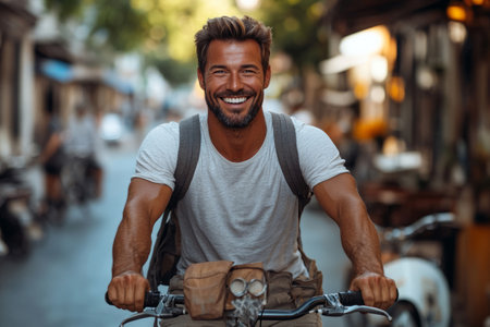 Happy man with beard riding a bicycle through a lively city streetの素材