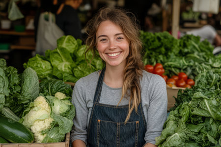 Happy woman standing at a farmers market, surrounded by fresh organic vegetablesの素材