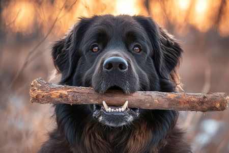 Happy dog holding a wooden stick in its mouth while playing outsideの素材