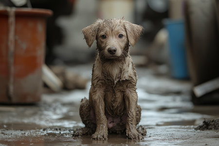 Small puppy covered in mud sits on a wet, dirty streetの素材