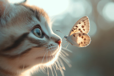 Curious kitten with fluffy fur looking at a delicate butterfly resting on its noseの素材