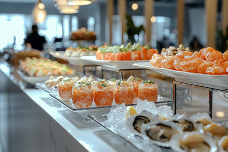 Seafood buffet featuring fresh oysters, shrimp, and prawns served on white platesの素材