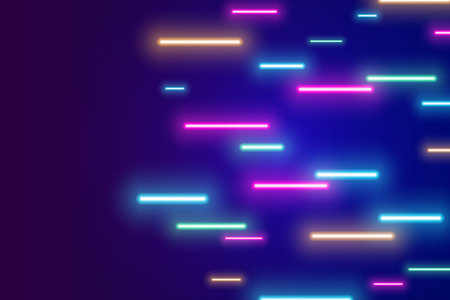 Glowing neon lines in blue, pink, orange shades on a dark background. Abstract motion light streaksのイラスト素材