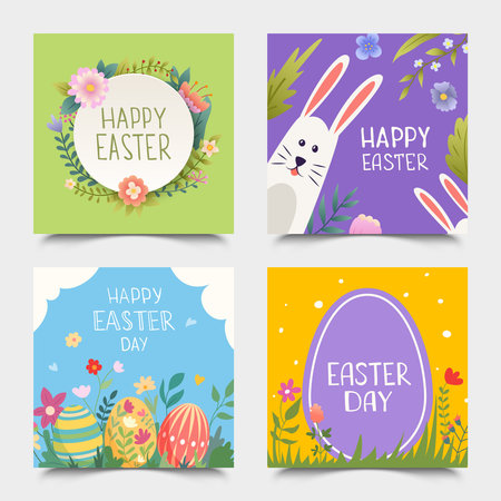 Square Easter cards featuring bunnies, eggs, and flowersのイラスト素材