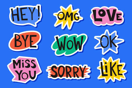 Colorful cartoon style hand drawn phrases in a different comic shapesのイラスト素材