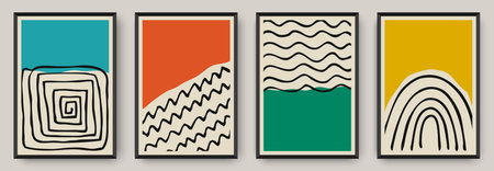 Abstract posters with bold color fields and hand drawn elementsのイラスト素材