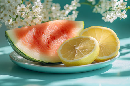 Juicy watermelon and halved lemons on plate with turquoise backdropの素材