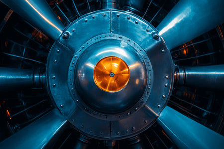 Airplane propeller hub with bolts and glowing center lightの素材