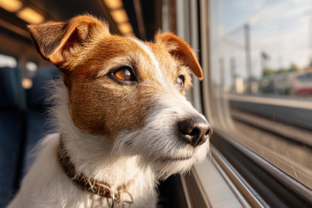Dog sitting on train seat and gazing out the windowの素材