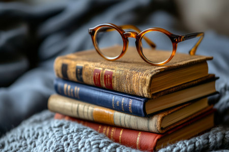 Stack of books with reading glasses resting on topの素材