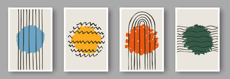 Set of four abstract posters with colorful doodle shapesのイラスト素材