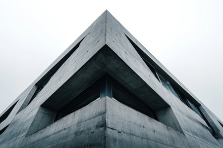 Upward view of modern concrete building with sharp geometric lines and clean skyの素材