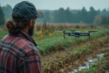 Man in a hap and plaid jacket operates a drone hovering above fieldの素材