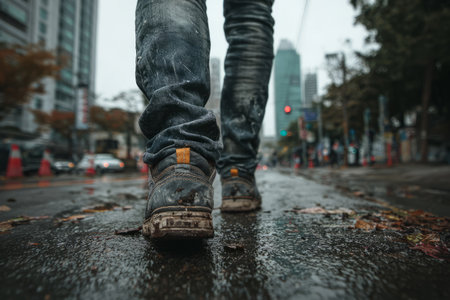 Person in worn jeans and muddy boots walks along a wet city street after the rain, with traffic and buildings in the backgroundの素材