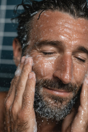 Man washing his face with visible water droplets and relaxed expressionの素材