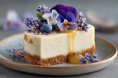 Cheesecake slice decorated with pansies, herbs and lavender bloomsの素材