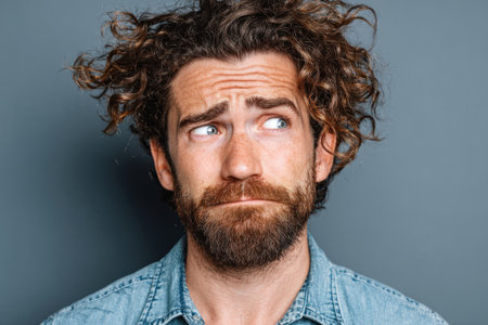 Man with beard raising one eyebrow in confusionの素材
