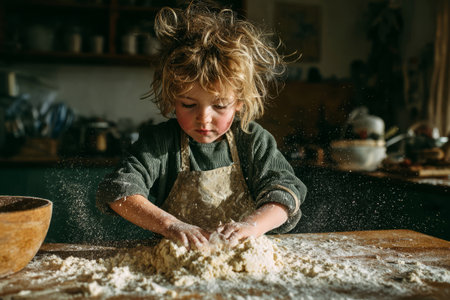 Child kneading dough on a floured wooden table in warm kitchen lightの素材