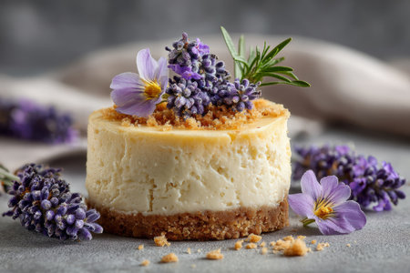Cheesecake slice decorated with pansies, herbs and lavender bloomsの素材