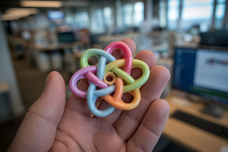 Hand holding colorful sensory fidget toy in front of blurred office desk setupの素材