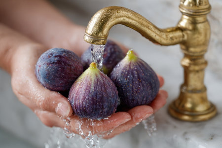 Fresh figs are being washed in hands under a vintage tapの素材