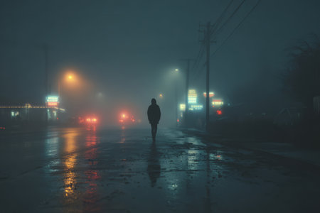 Silhouette of person walking alone on foggy wet street at nightの素材