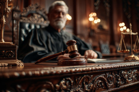 Judge presides with dignity and focus in historical court chamberの素材