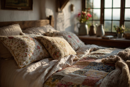 A cozy vintage bedroom with bed, floral pillows, patchwork quilt, and classic nightstandsの素材