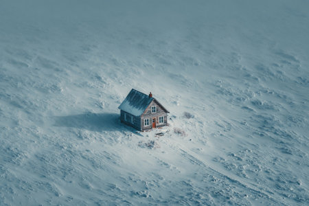 Wooden cabin sits in a snowy mountain clearing surrounded by pine trees, captured by droneの素材