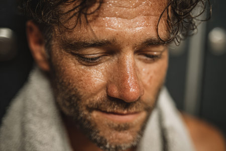 Sweaty man with a towel around his neck after a workout sessionの素材