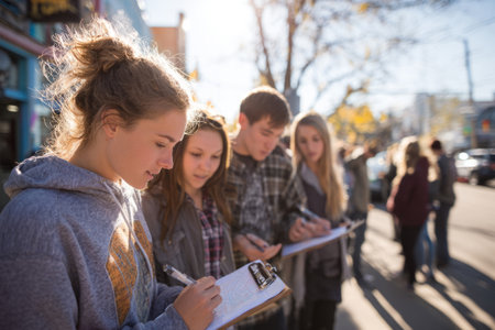 Group of high school students stands on a city sidewalk with clipboards and pens, recording traffic or urban data for a school projectの素材