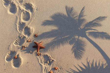 Shoe prints and scattered starfish are visible on beach sand, with sharp palm tree shadowsの素材