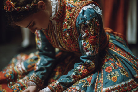 Woman dressed in ornate traditional folk costume with intricate floral embroideryの素材