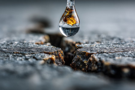 Water drop suspended above cracked stone surface in dramatic lightingの素材