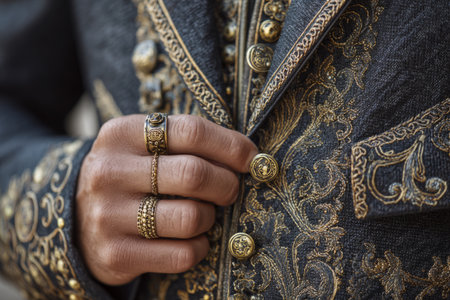 Hand with vintage rings adjusting button on charro suit embroidered with golden threadの素材