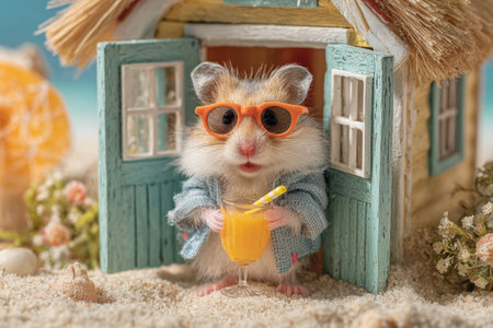 Cute hamster wearing sunglasses holds a glass of orange juice on a miniature beachの素材