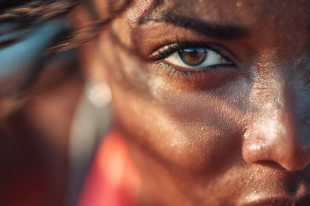 Focused intense look of woman athlete with wet skin and shadowsの素材