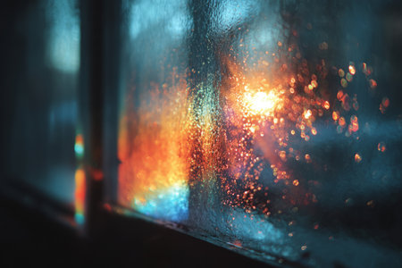 Sunlight and colorful bokeh leak through frosted glass with water dropletsの素材