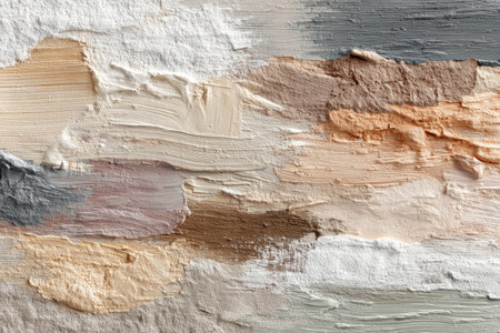 Thick textured paint strokes in warm and cool neutral tones on canvasの素材