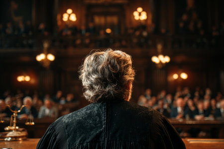 Back view of a senior judge observing courtroom proceedings with an audienceの素材