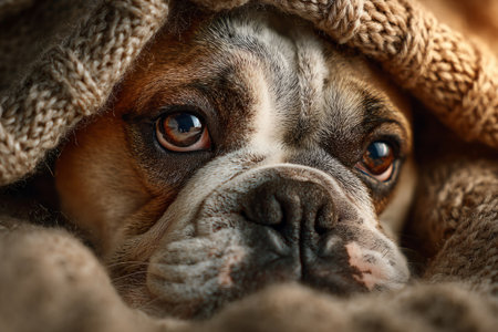 Bulldog peek out from under thick knitted blanketの素材