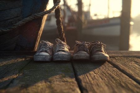 Two pairs of sneakers placed side by side on wooden dockの素材