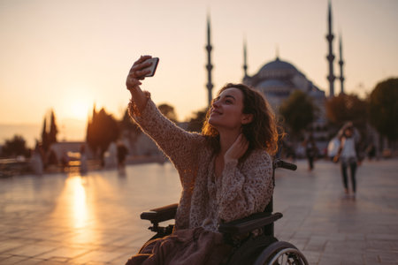 Young woman in a wheelchair takes a selfie at sunset in a public squareの素材