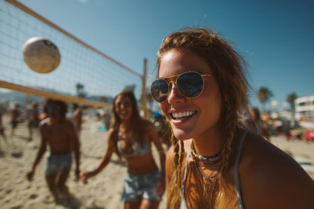 Happy group of friends playing beach volleyball and laughing under summer sunの素材