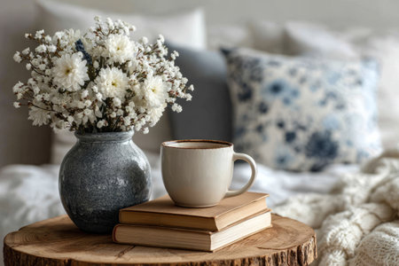 Cozy bedroom with round wooden bedside table, flower vase, and coffee mugの素材