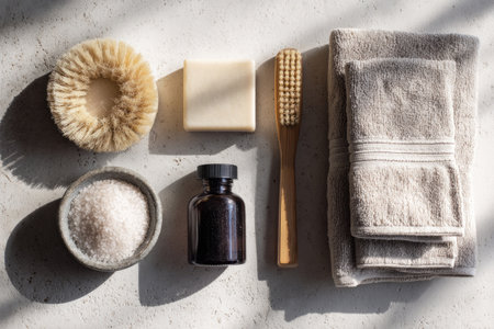Spa bathroom essentials including round brush, soap bar, salt, oil bottle, toothbrush, and towelsの素材