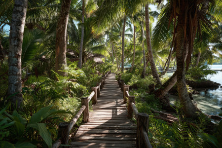 Wooden boardwalk path leads through lush tropical jungle with palmsの素材